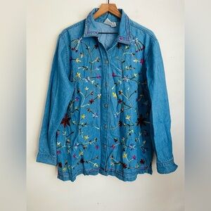 Adrian Delafield denim button up shirt floral embroidery chambray long sleeve XL